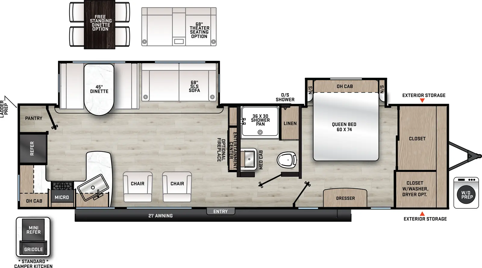 The 31KDS has 2 slide outs, both on the off-door side and 1 entry door. Exterior features include and outside shower in between the two slide outs, mini fridge on the door side at the rear, 18 foot awning, exterior storage in the front on the door and off-door side. Interior layout from front to back: front bedroom with 60x74 queen bed off-door side slide out featuring an overhead cabinet and night stands, front wall closets with washer dryer prep available on in the front door side corner closet, entertainment center and fireplace across from foot of the bed; off-door side side aisle bathroom with 36x30 shower pan, linen storage, toilet, medicine cabinet and sink; living area features an off-door slide out holding a dinette and sofa; rear facing entertainment center with fireplace standard; to recliner lounger chairs on the door side; kitchen is on the rear wall wrapping around to the door side. It features a double basin sink, overhead cabinets, overhead microwave, stovetop, refrigerator and pantry.